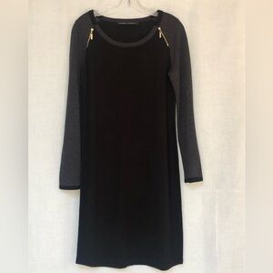 Ivanka Trump woolen black & gray long sleeve dress, small logo gold zippers.Sz 8